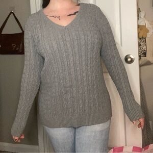 Cute Downtown Girl Rory Gilmore Gray Cable Knit Soft & Stretchy V-Neck Sweater